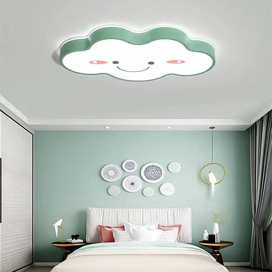 Decorative Wooden And Acrylic Cloud Children's Room Ceiling Light, Green/Pink/White, Trichromatic Light