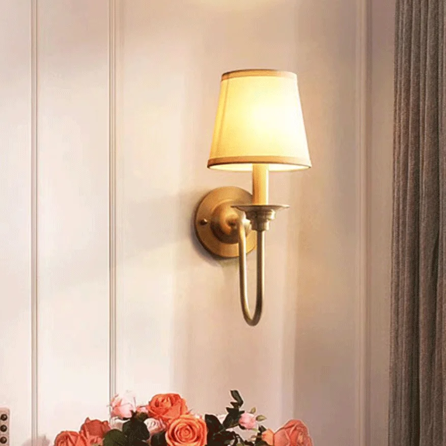 Minimalist Pure Copper And Fabric Hooded Bedroom Wall Lamp, Brass