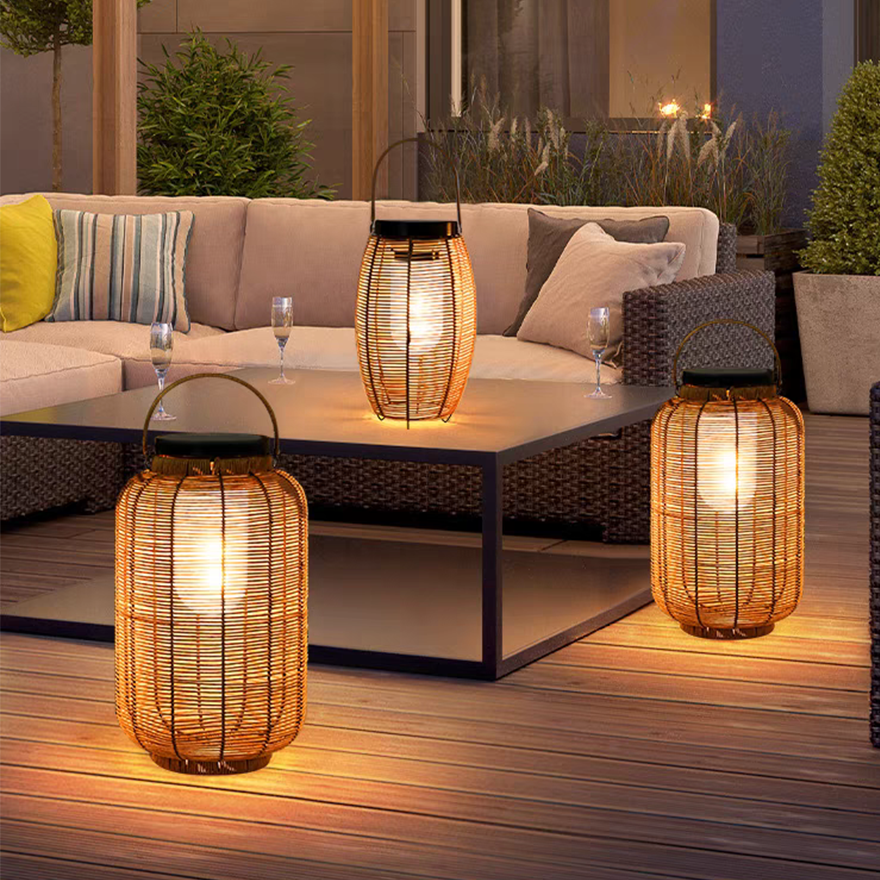 Natural Metal And Imitation Rattan Courtyard Outdoor Floor Light, Natural Wood