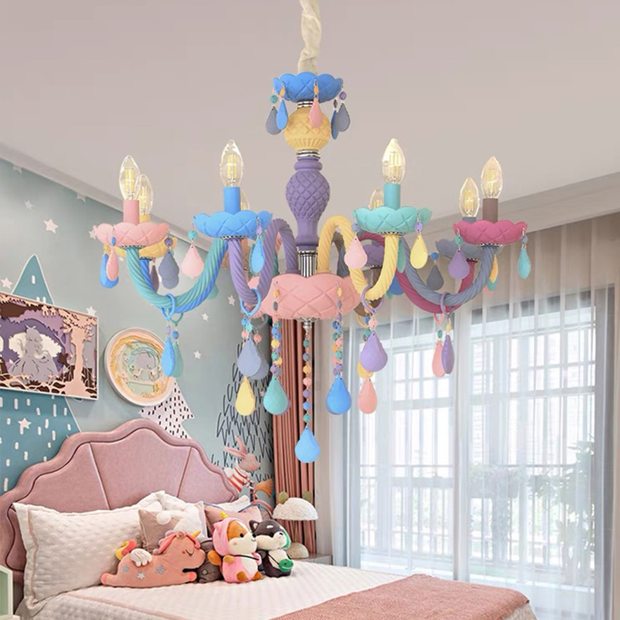 Morandi Metal Candle Children's Room Chandelier Pendant Light, Multicolor, Trichromatic Light