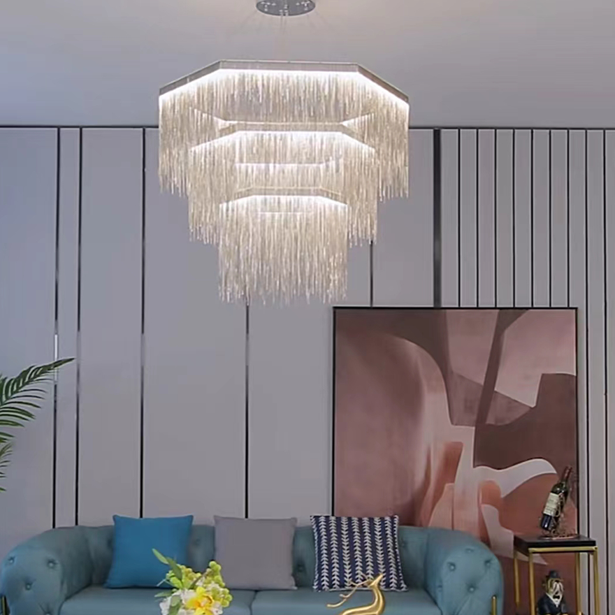 Art Deco Metal Hexagon Living Room Pendant Light, Gold/Silver, Trichromatic Light