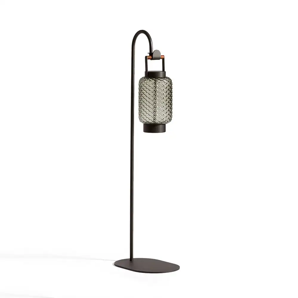 Unusual Metal And Glass Lantern Outdoor Floor Lamp, Black