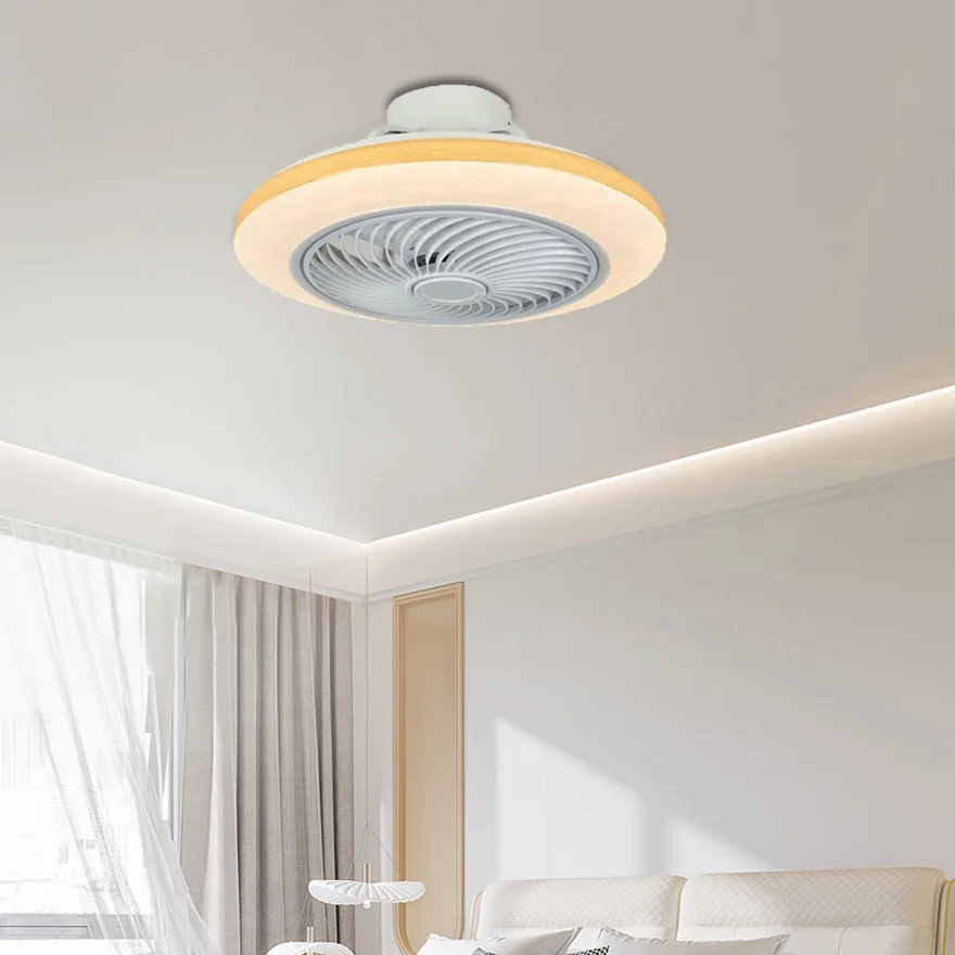 Modern Metal And Acrylic Round Bedroom Ceiling Fan With Light, Silver/Burlywood, Trichromatic Light