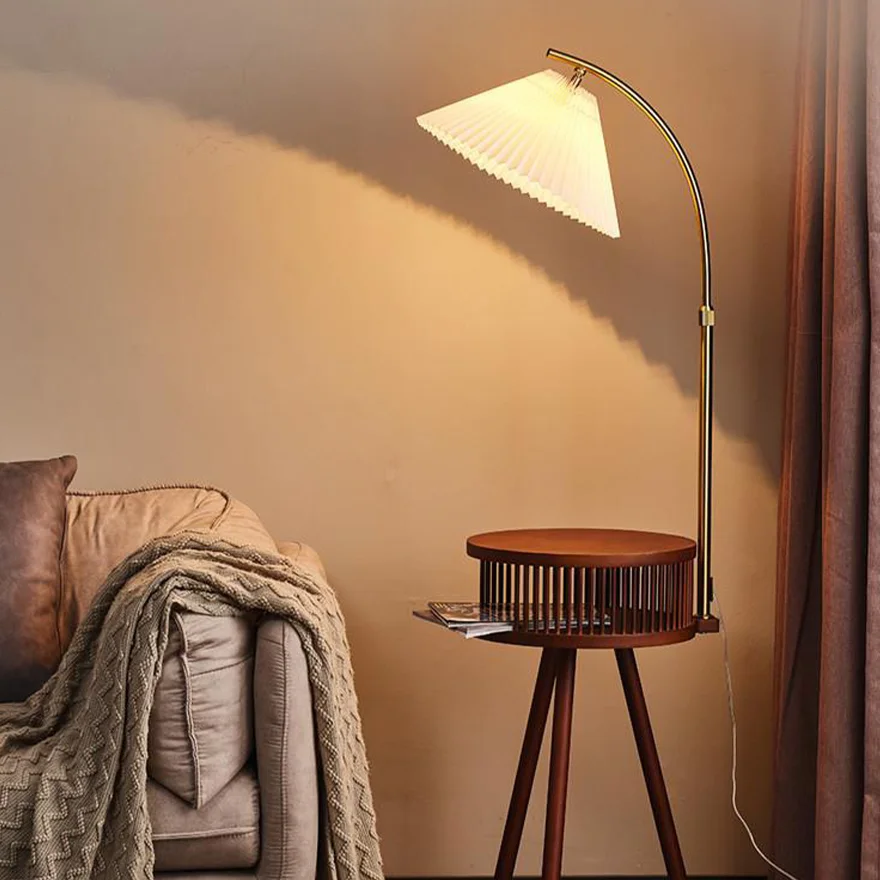 FarmhouseMetal And Fabric Hooded  Living Room Floor Lamp, Walnut/Natural Wood