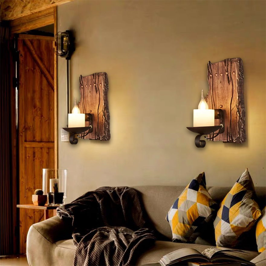 Farmhouse Metal And Wooden Rectangular Candle Living Room Wall Lamps, Natural Wood