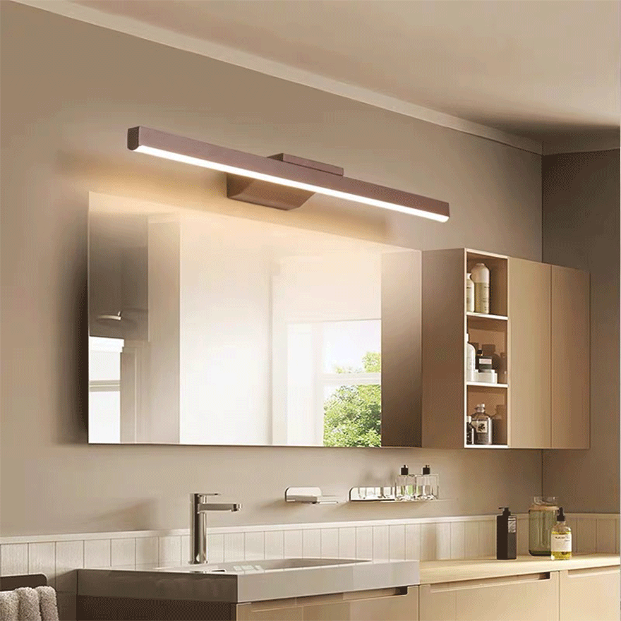 Minimalist Metal Strip Bathroom Mirror Front Wall Lamp, Brown, Trichromatic Light