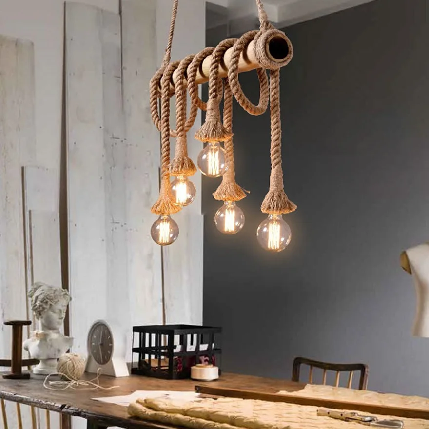 Rustic Hemp Rope And Metal  Strip Dining Room Pendant Light, Log Color