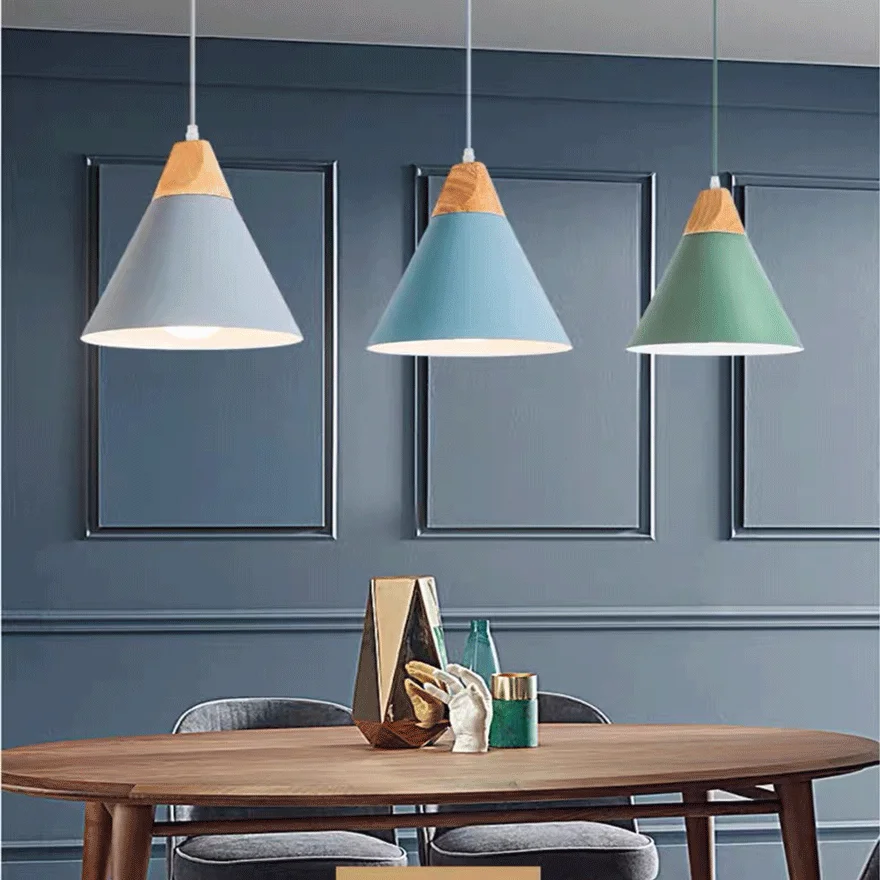 Morandi Metal And Wooden Geometric Kitchen Pendant Light, 6 Color