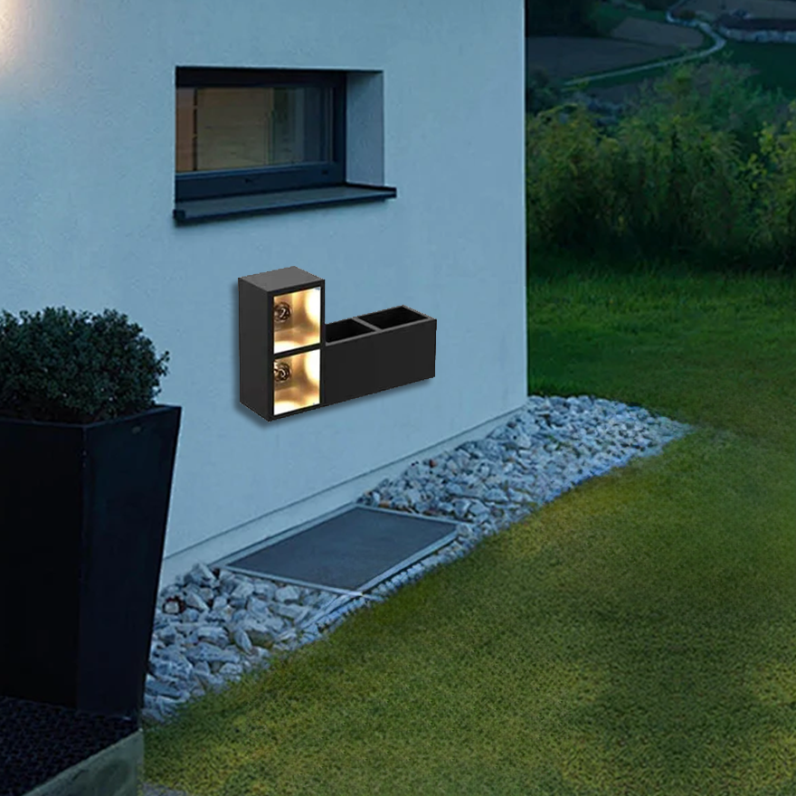 Modern  Metal And Glass Cube Outdoor Wall Lamp, Black