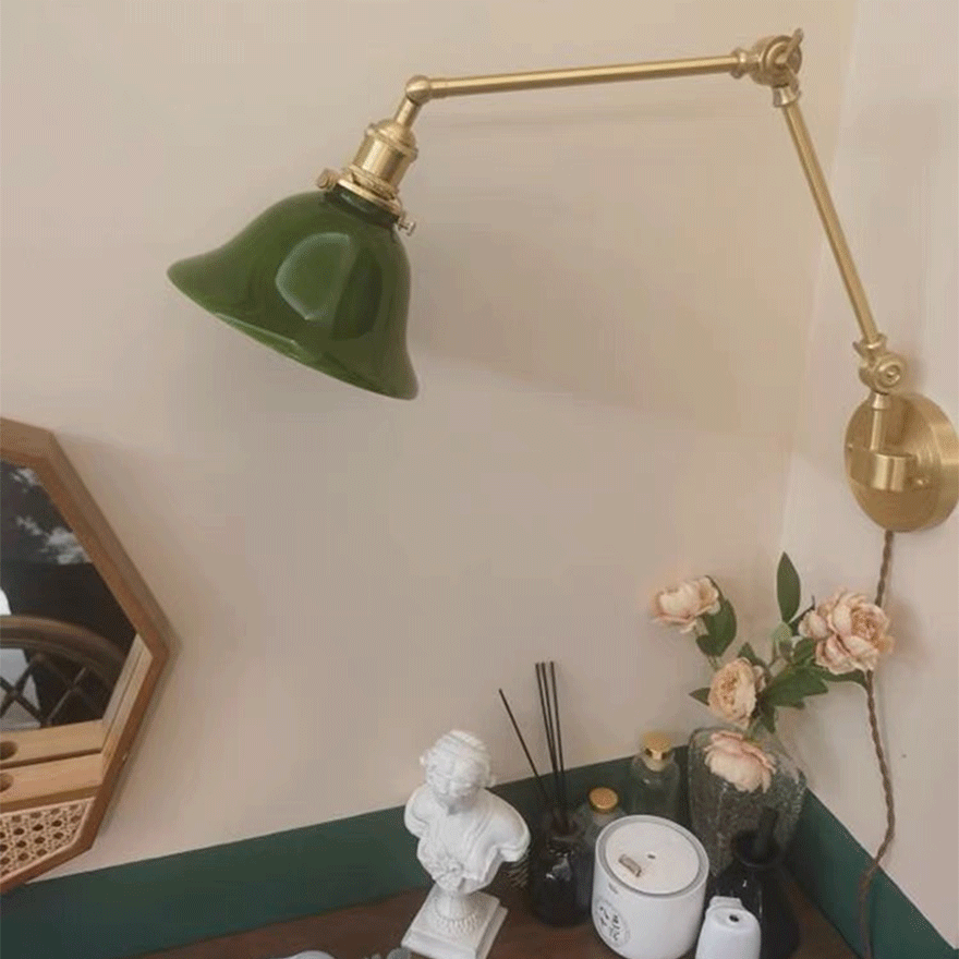 Vintage Copper And Glass Hooded Study Room Wall Lamp, Green/White