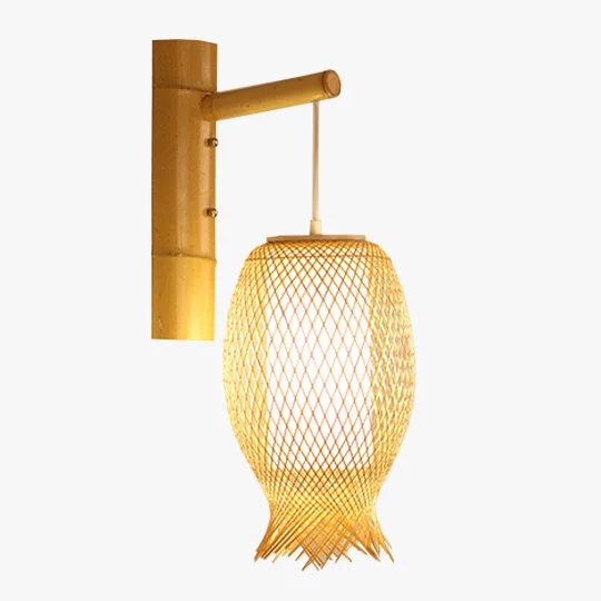 Boho Rattan And Acrylic Lantern Dining Room Wall Lamp, Natural Wood