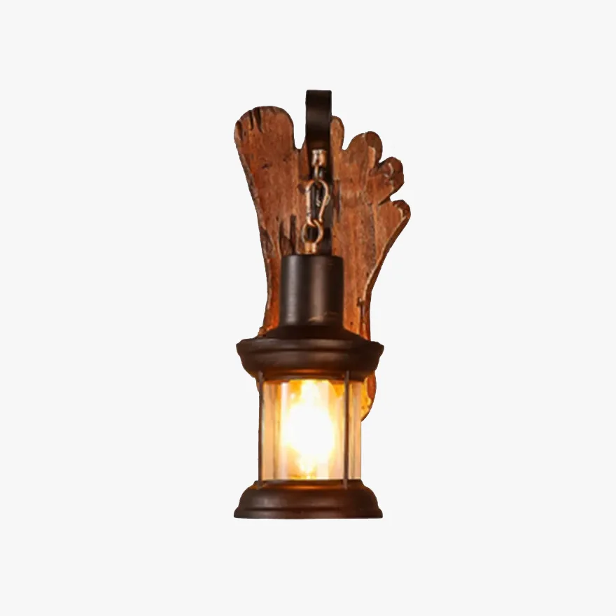 Cozy Metal And Wood Footprints Lantern Living Room Wall Lamp, Walnut