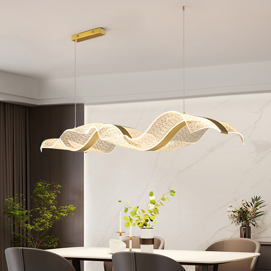 Art Deco Metal And Acrylic Wave Dining Room Pendant Light, White