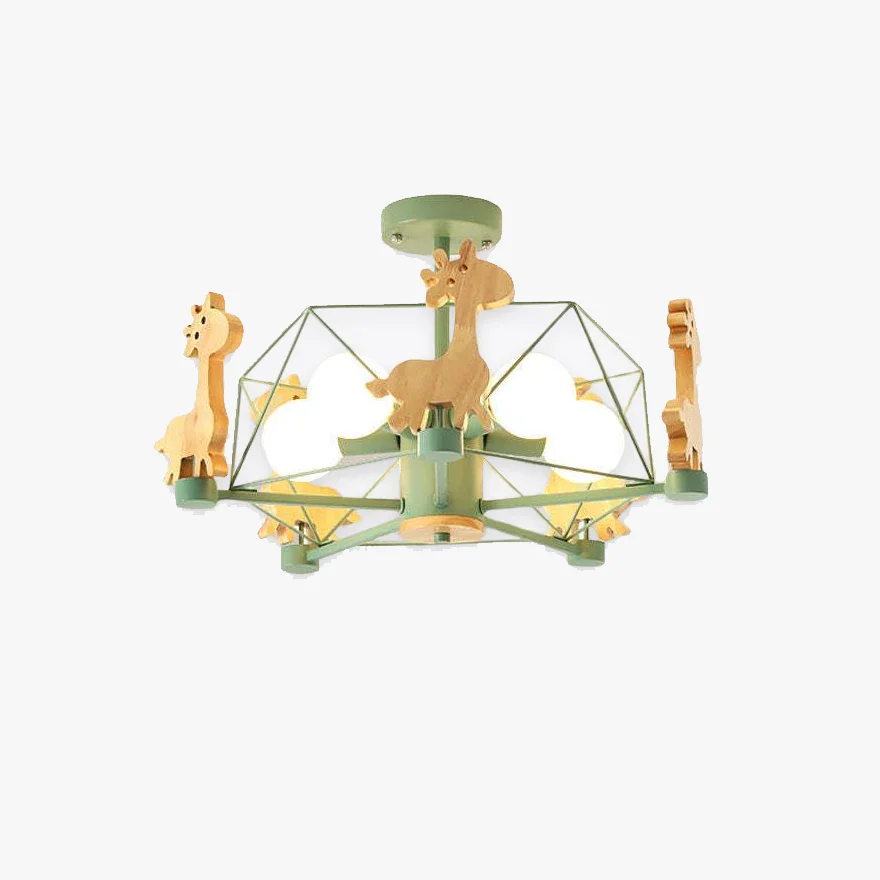 Art Deco Wooden And Metal Giraffe Children's Room Ceiling Light, Gray/Green/Pink, Trichromatic Light