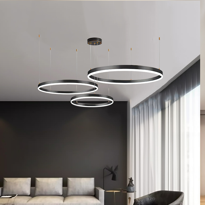 Contemporary Metal Ring Bedroom Pendant Light, Black/Brown/Gold, Trichromatic Light