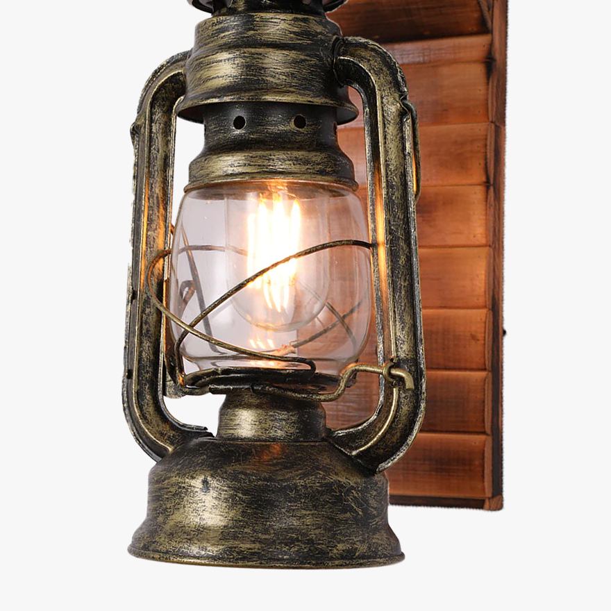 Retro Wooden And Metal Lantern Bedroom Wall Lamp, Burlywood