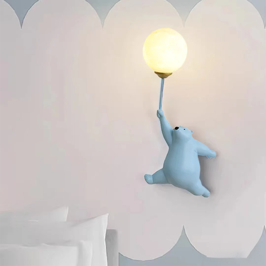 Art Deco Resin And Acrylic Bear Balloon Children's Room Wall Lamp, Blue/Pink/White, Trichromatic Light