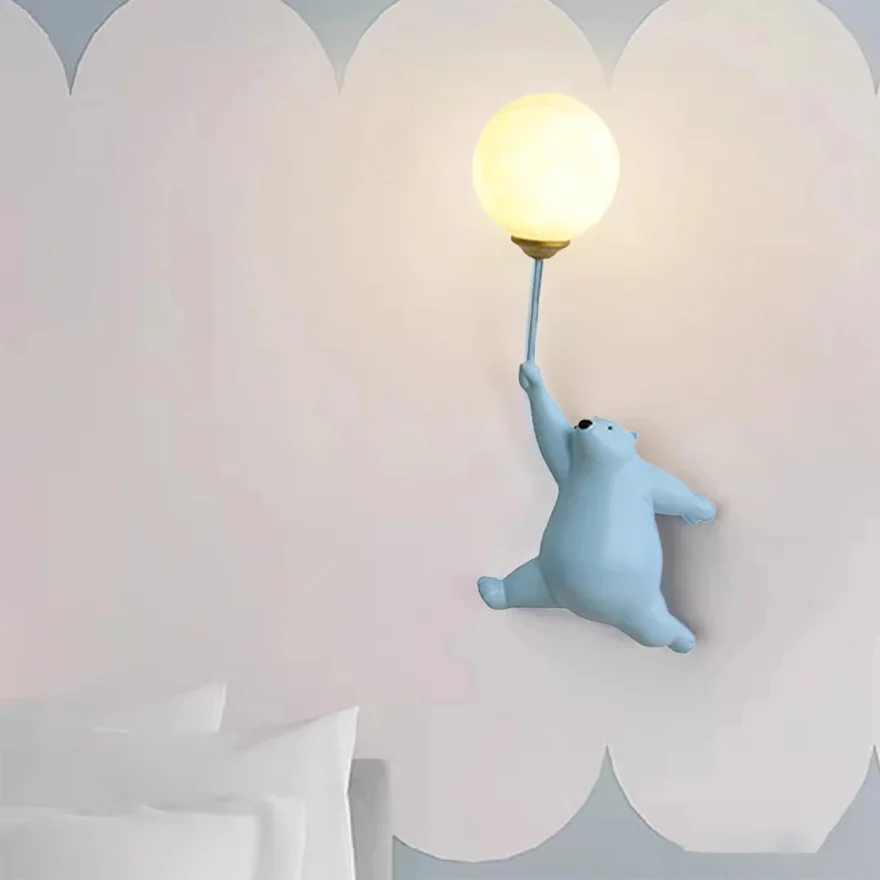 Art Deco Resin And Acrylic Bear Balloon Children's Room Wall Lamp, Blue/Pink/White, Trichromatic Light