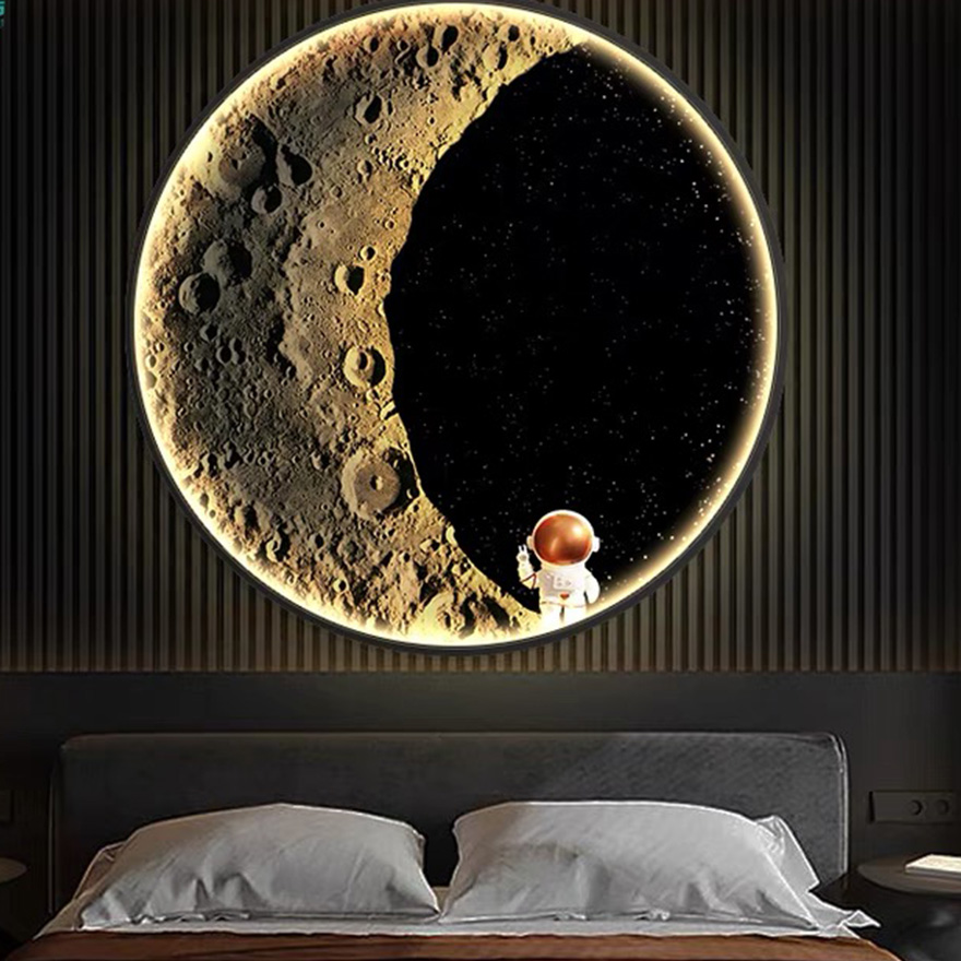 Designer Metal Astronaut Moon Children's Room Wall Lamp, Black, Trichromatic Light