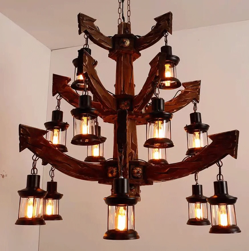 Retro Metal And Wooden Anchor Kitchen Chandelier Pendant Light, Walnut