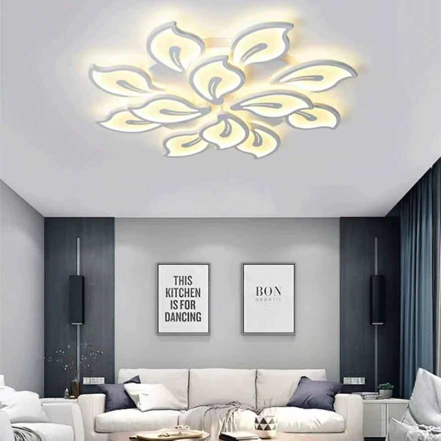 Art Deco Metal And Acrylic Floral Dining Room Ceiling Light, Black/White, Trichromatic Light