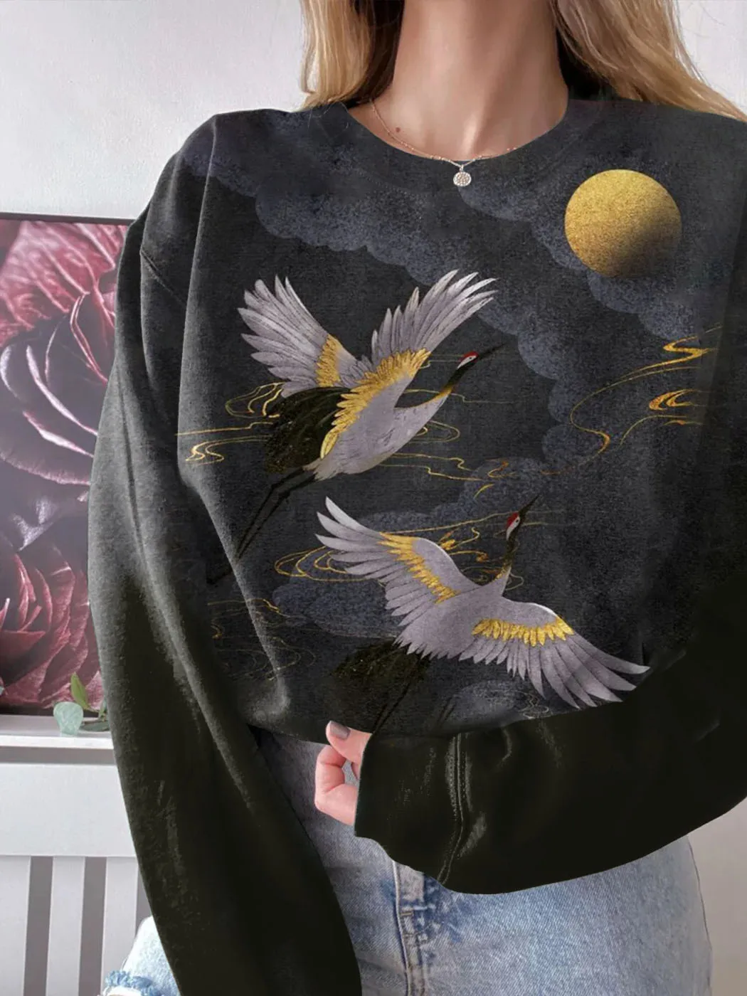 Japanese Cranes Flight To Golden Moon Art Vintage Sweatshirt