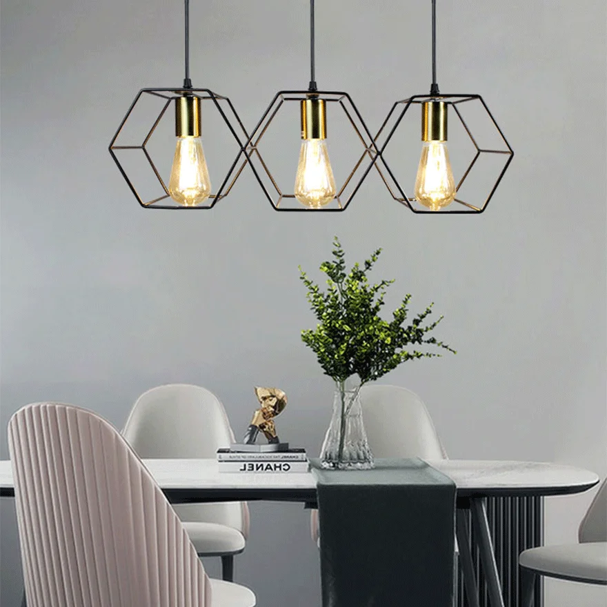 Industrial Metal Polygonal Living Room Pendant Light, Black