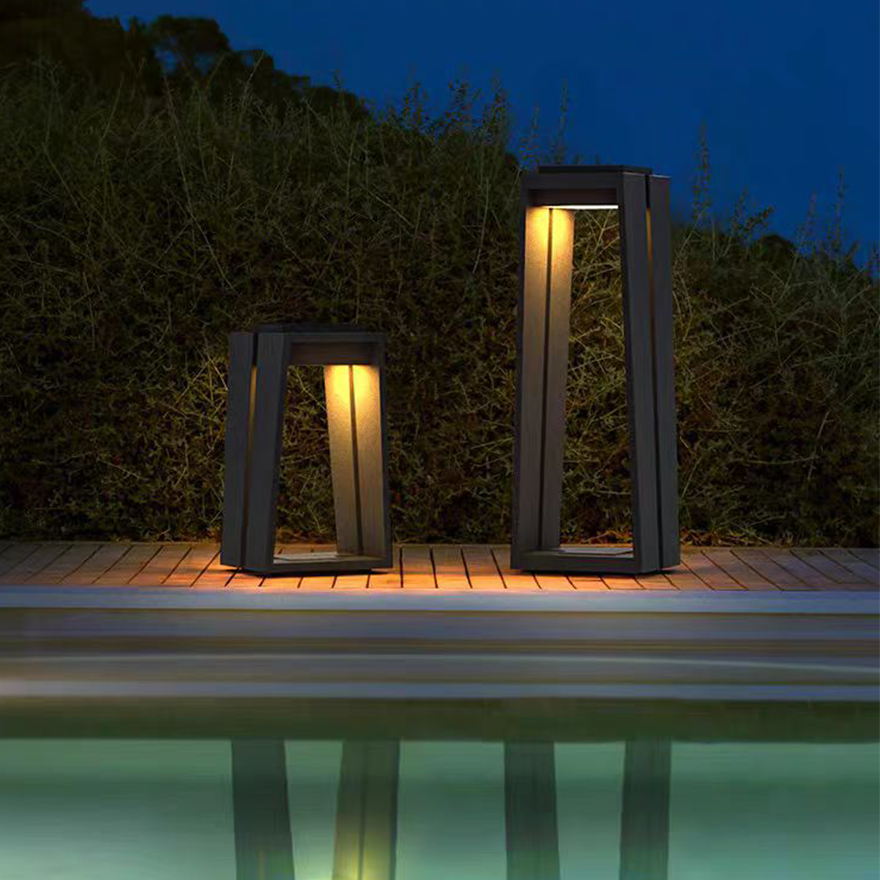 Designer Metal And Acrylic Square Garden Outdoor Pillar Light, Natural Wood