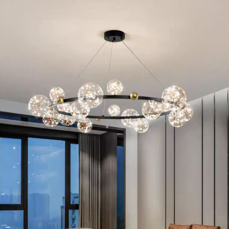 Modern Metal And Glass Bubble Living Room Pendant Light, Black/Gold