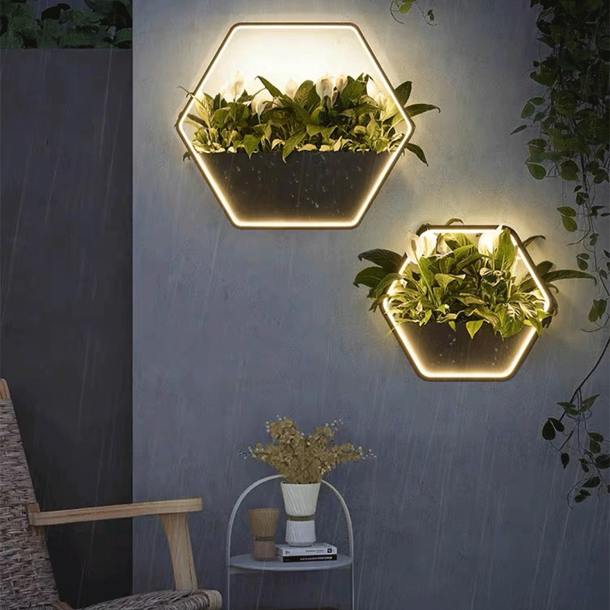 Decorative  Metal Hexagon Courtyard Wall Lamp, Black