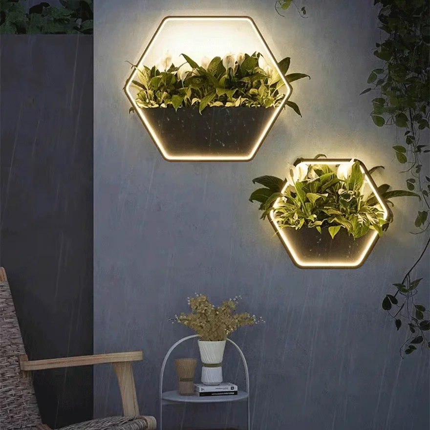 Decorative  Metal Hexagon Courtyard Wall Lamp, Black