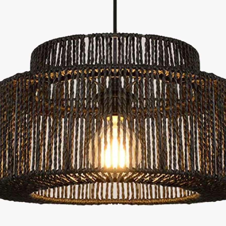 Boho Metal And Rattan Lantern Living Room Pendant Light, Black