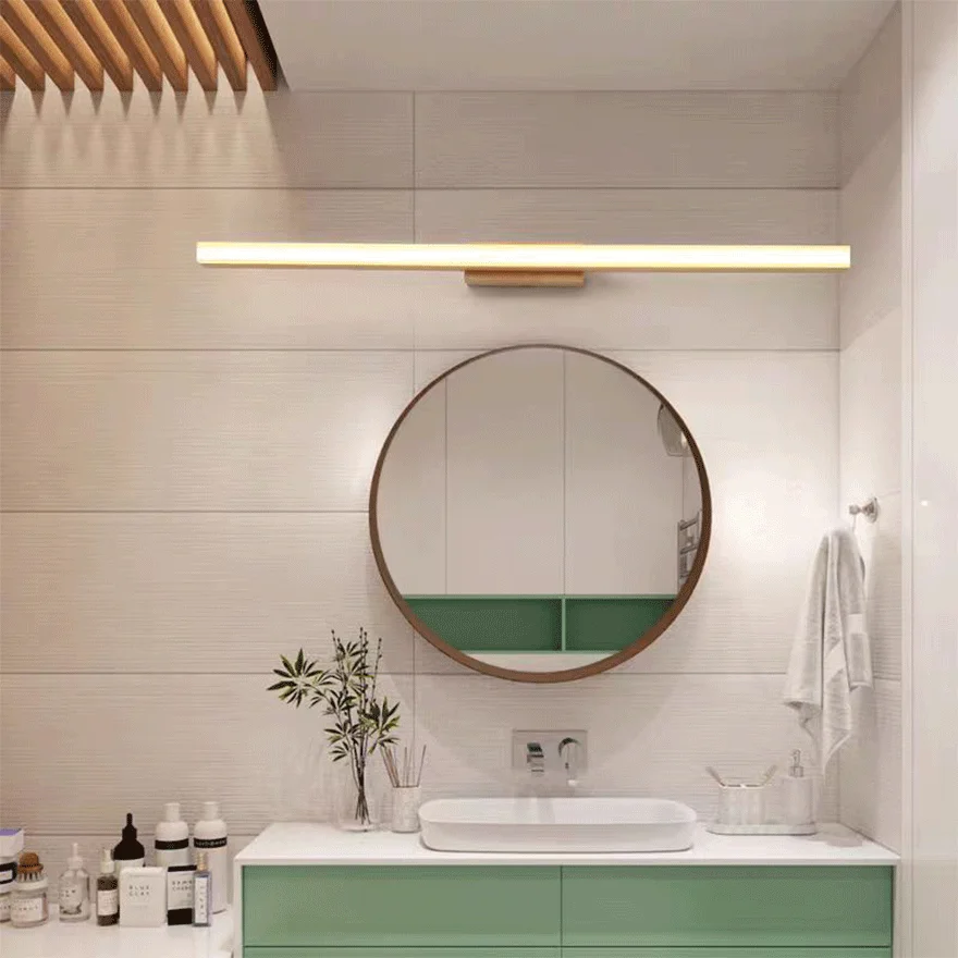 Minimalist Wooden Linear Bathroom Mirror Front Wall Lamp, Burlywood/Log Color