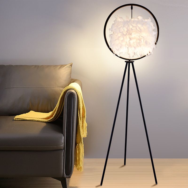 Designer Metal And Fabric Feather Ring Tripod Bedside Floor Lamp, Black/Gold