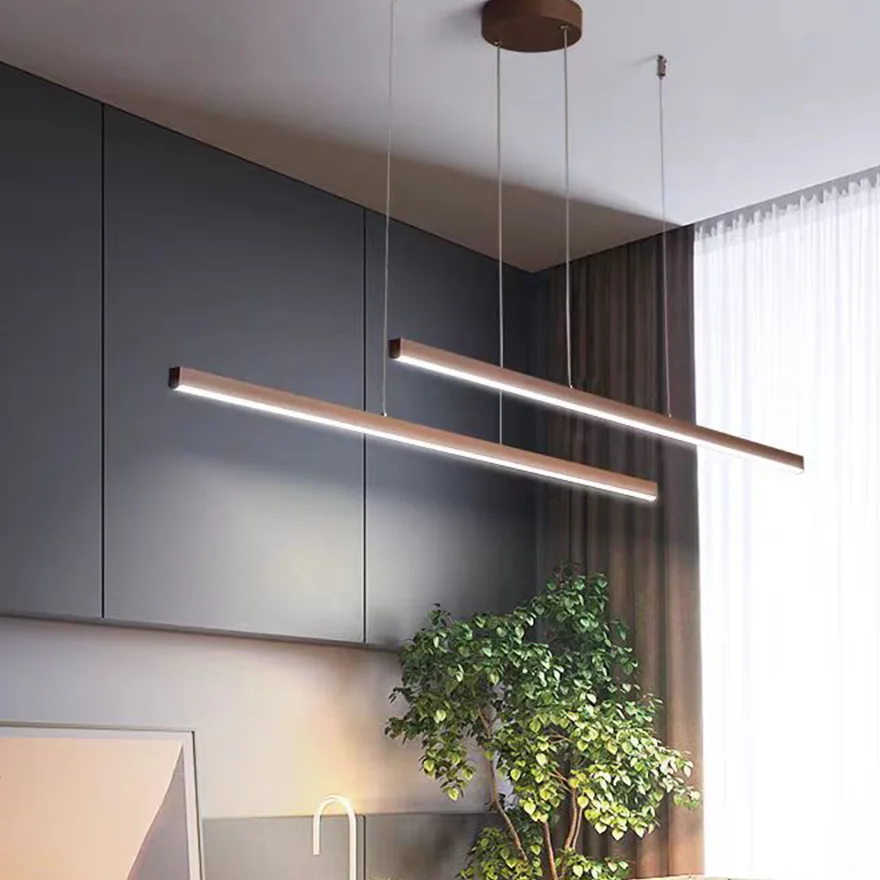 Modern Metal Linear Indoor Pendant Light, Natural Wood