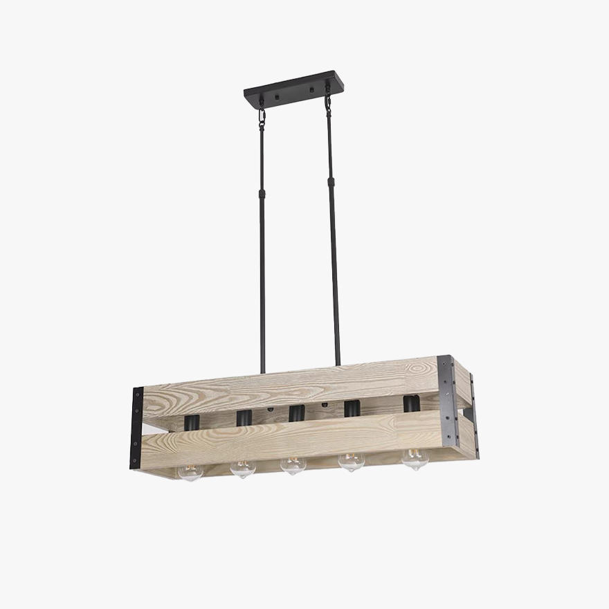 Retro Metal And Wooden Rectangular Dining Room Pendant Light, Brown/Natural Wood