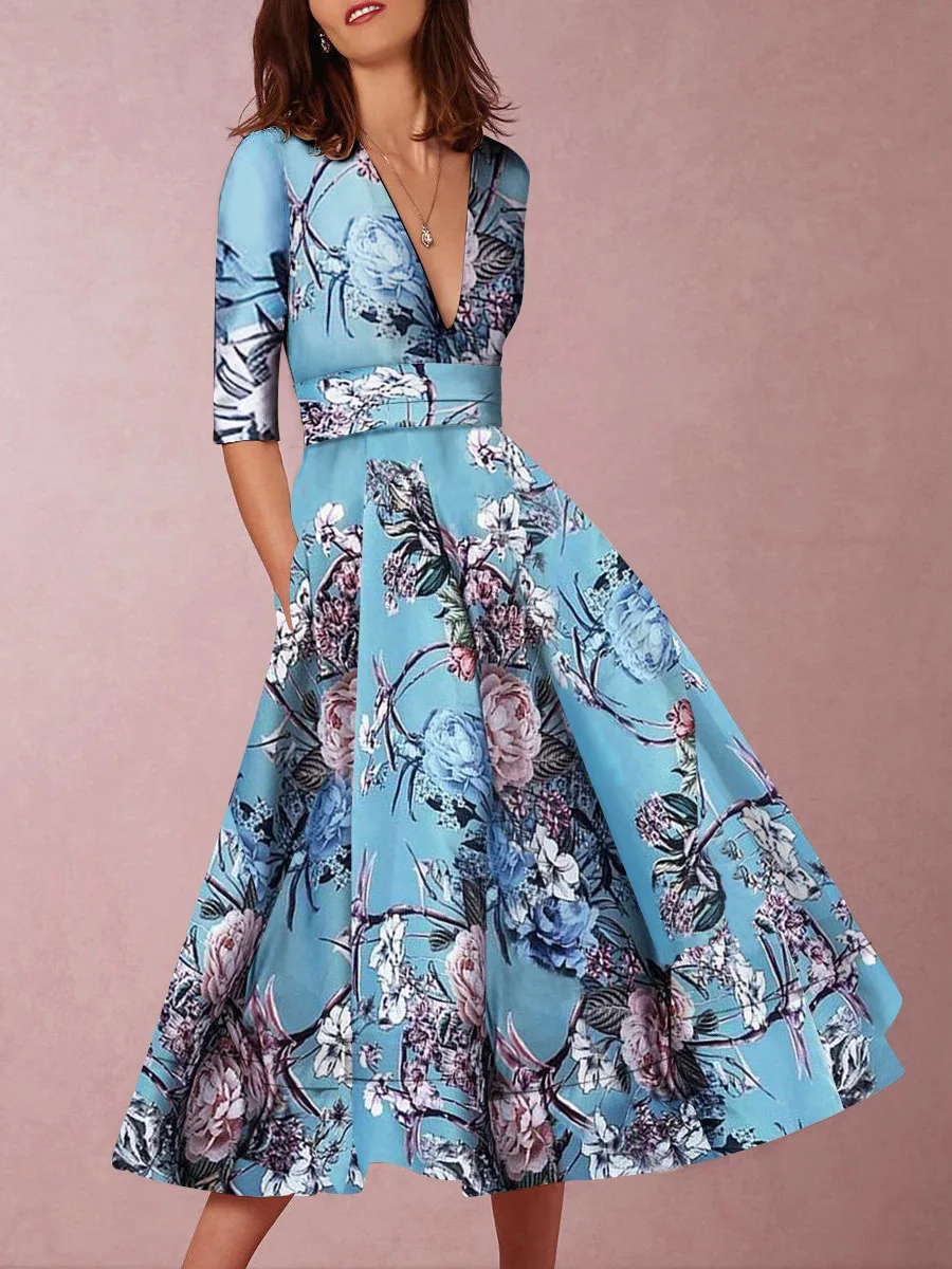 Sexy Lake Blue Half Sleeves Floral Print Skater Dress