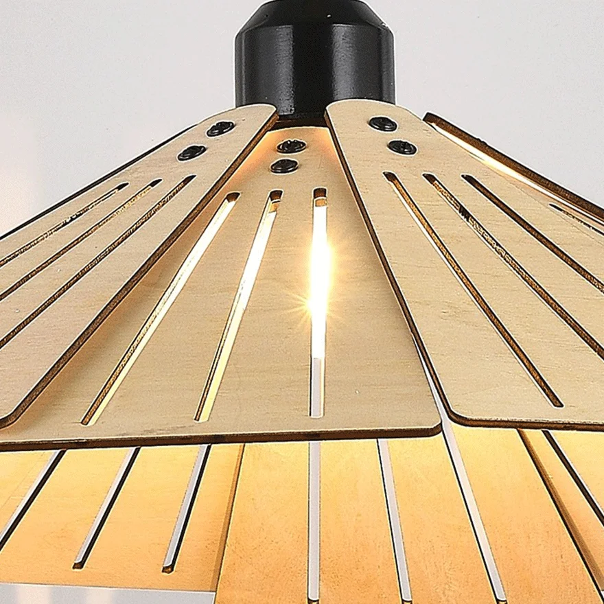 Retro Wooden And Metal Hooded Bedroom Pendant Light, Brown/Yellow