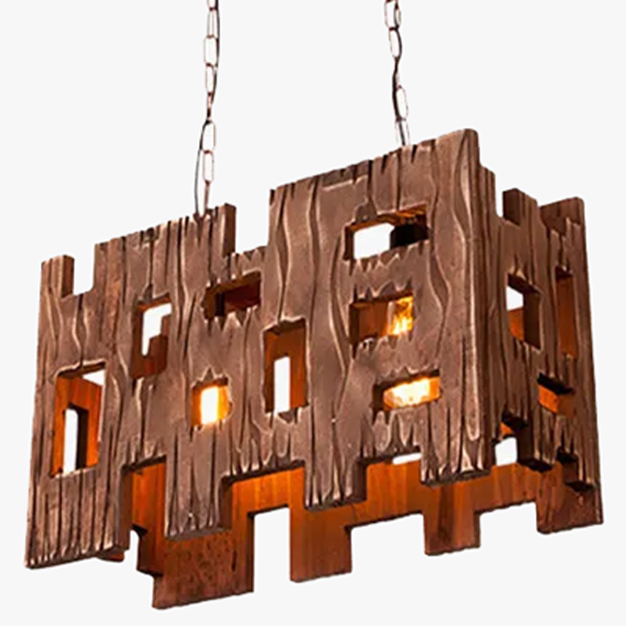 Vintage Metal And Wooden Rectangular Dining Room Pendant Light, Walnut