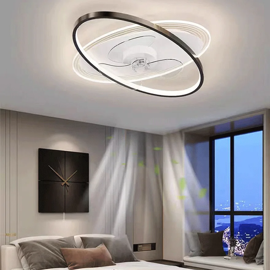 Contemporary Metal And Acrylic Ring Bedroom Ceiling Fan with Light, Black/Gold, Trichromatic Light