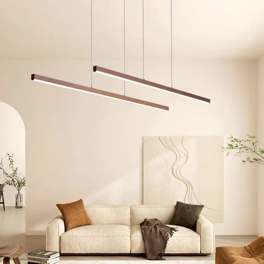 Modern Metal Linear Indoor Pendant Light, Natural Wood