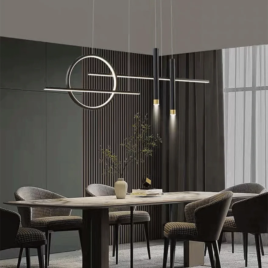 Minimalist Metal Linear Dining Room Pendant Light, Black/Gold, Trichromatic Light