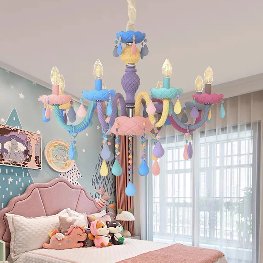 Morandi Metal Candle Children's Room Chandelier Pendant Light, Multicolor, Trichromatic Light