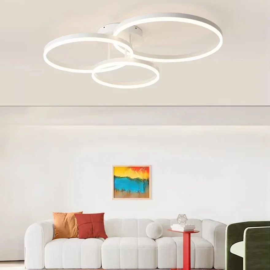 Modern Metal And Acrylic Ring Living Room Ceiling Light, Black/White, Trichromatic Light