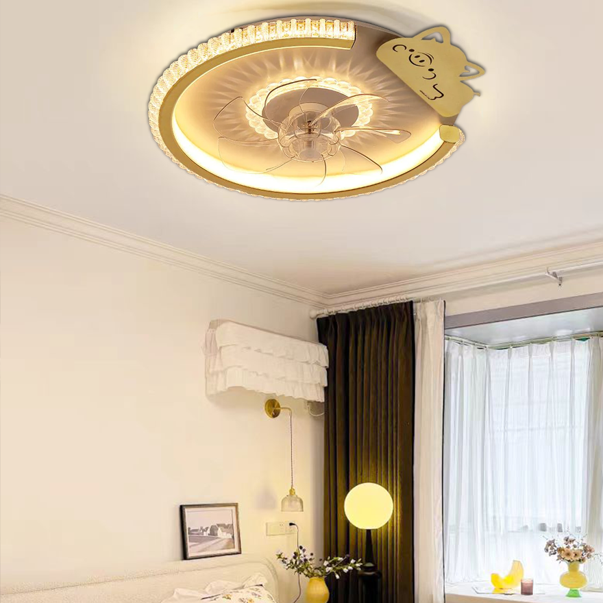 Modern Metal And Acrylic Round Living Room Ceiling Fan with Light, Gold/Silver, Trichromatic Light