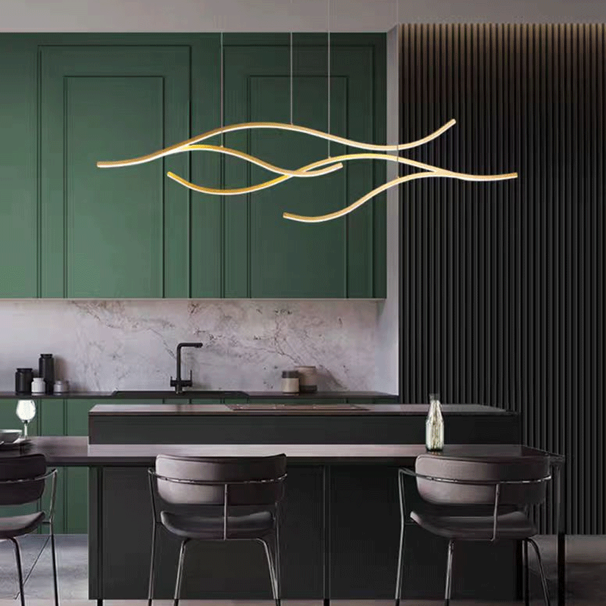 Minimalist Metal Linear Kitchen Island Chandelier Pendant Light, Black/Gold