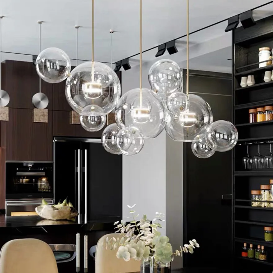 Unusual Metal And Glass Bubble Kitchen Pendant Light, Clear, Trichromatic Light