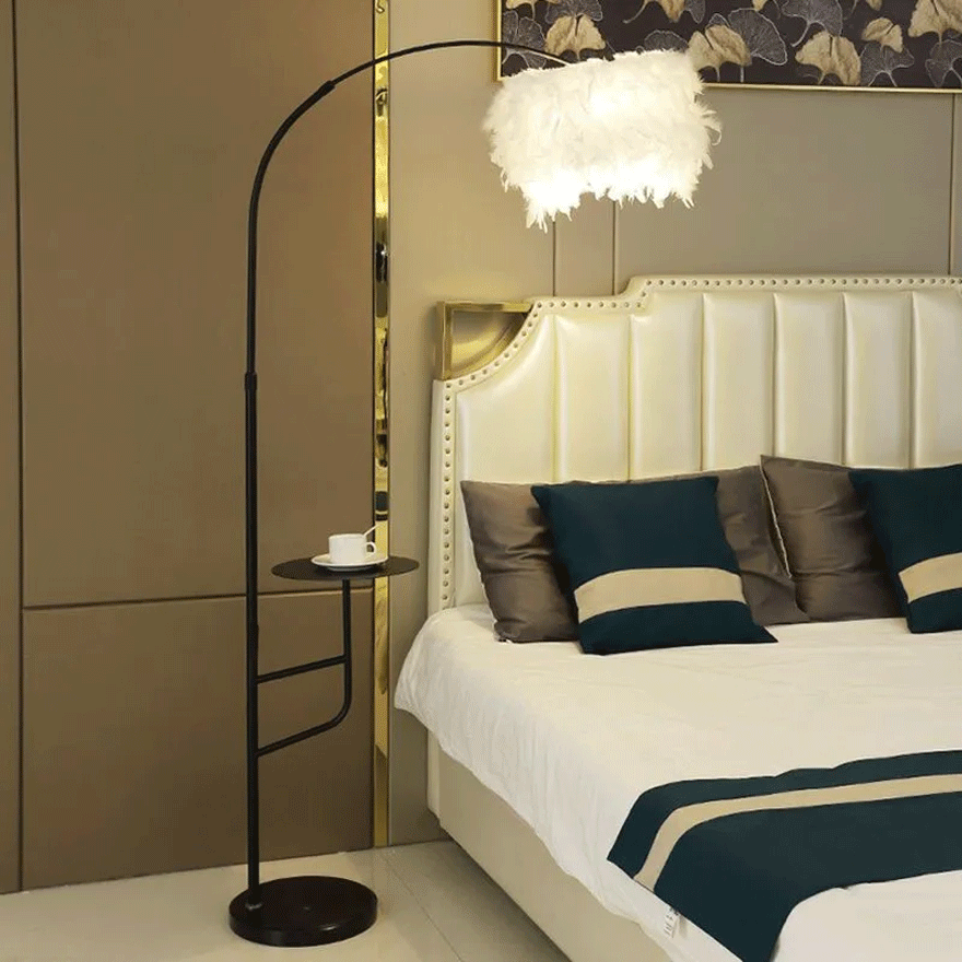 Art Deco Metal And Feather Arched Bedside Table Lamp, Gold/Black | Liiffy