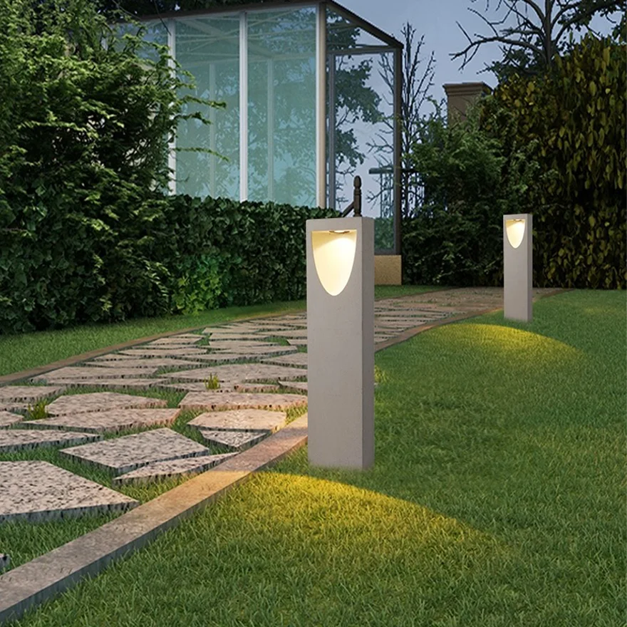 Minimalist Metal And Marble Cylindrical Outdoor Pathway Light, Grey