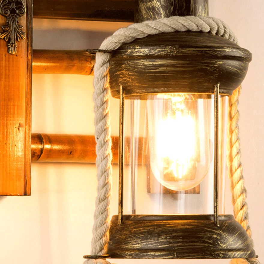 Retro Metal And Wooden Lantern Bedside Wall Lamp, Antique Brass